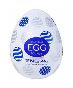 Tenga Egg Bouncy stroker egg with translucent sleeve showing internal bumpy orbs and ridges on a white background.