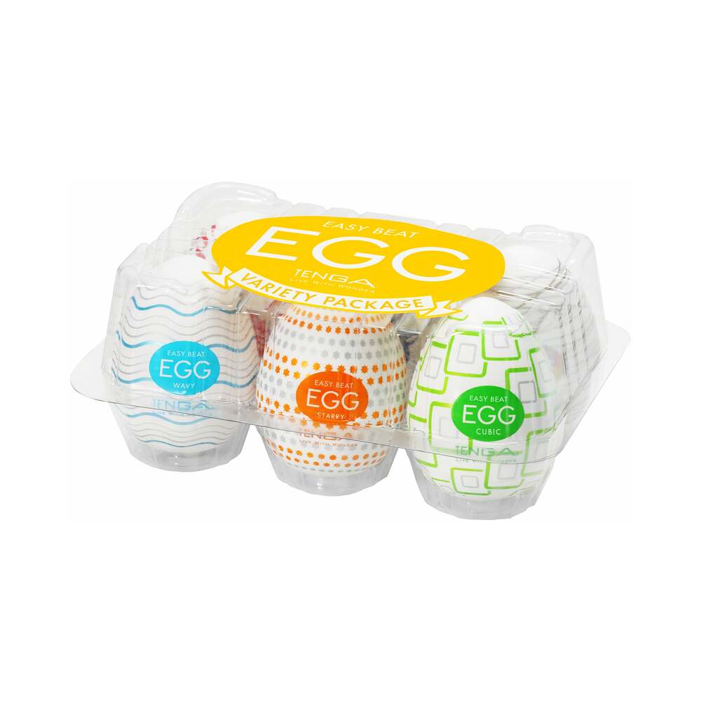 Tenga Egg Variety Pack Standard six colorful eggs with textured interiors on a white backdrop