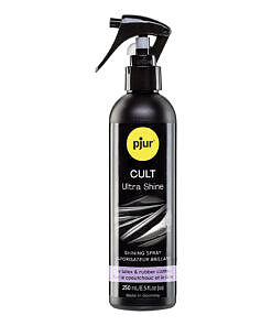 pjur Cult Ultra Shine 8.5 oz spray bottle on glossy latex clothing