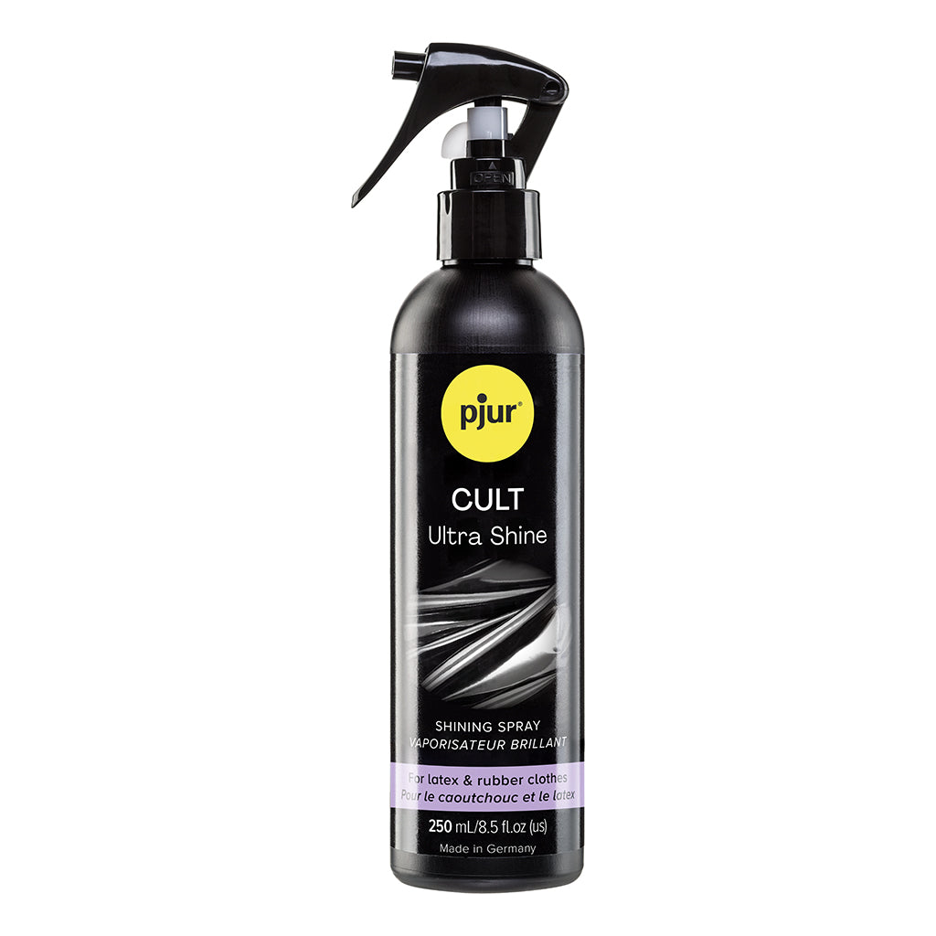 pjur Cult Ultra Shine 8.5 oz spray bottle on glossy latex clothing