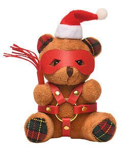 Plush Master Series Holiday Bondage Bear Keychain Brown with Santa hat and kinky red accessories attached to a bag.