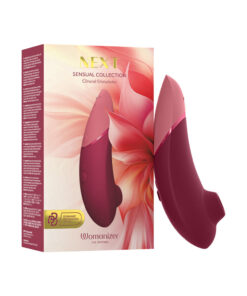 Womanizer Next Sensual Collection Bordeaux presented against a deep crimson backdrop