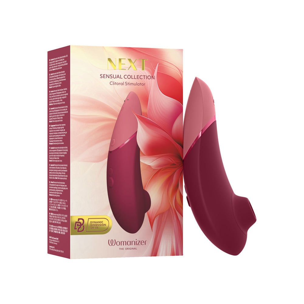 Womanizer Next Sensual Collection Bordeaux presented against a deep crimson backdrop
