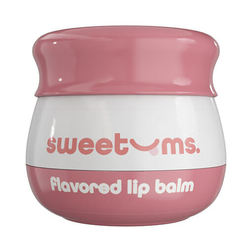 showcasing glossy pink balm next to fresh cherries.