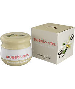 Sweetums Flavored Lip Balm Vanilla tube with built-in mirror and glossy vanilla lip balm on lips.