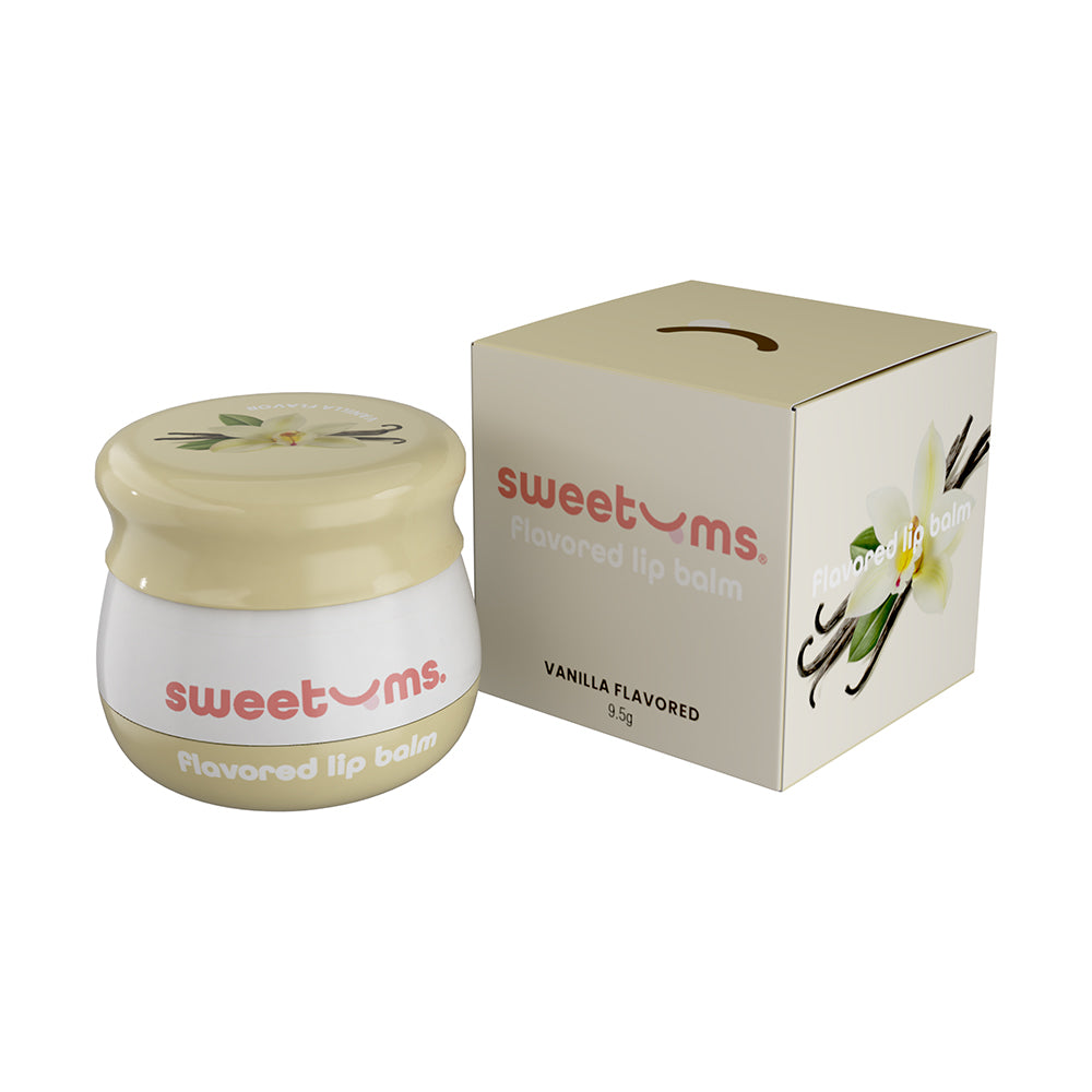 Sweetums Flavored Lip Balm Vanilla tube with built-in mirror and glossy vanilla lip balm on lips.