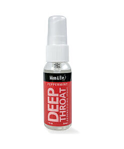 Adam & Eve Deep Throat Desensitizing Spray Peppermint bottle with peppermint leaf accents on a clean white background.