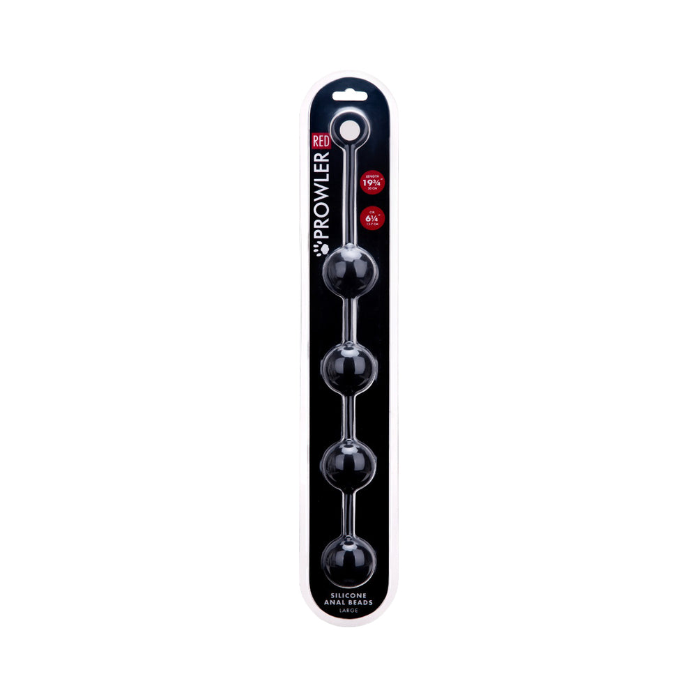 Prowler RED large silicone anal beads with graduated red spheres and wide retrieval loop on dark background