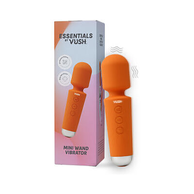 VUSH Essentials Mini Wand Vibrator in buttery-soft silicone with an ergonomic handle held against a clean