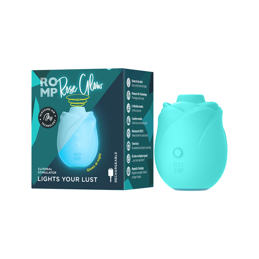 Romp Glow Rose rose clit sucker in glow-in-the-dark body-safe silicone with Pleasure Air Technology