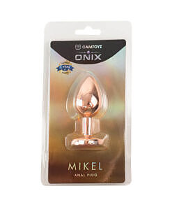 Camtoyz Copper Anal Plug Mikel laying on a dark satin surface