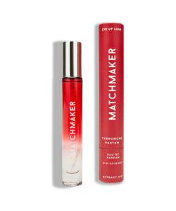 Eye of Love Matchmaker Red Diamond Attract Him Pheromone Parfum 10 ml bottle with ruby-red diamond design on a vanity.