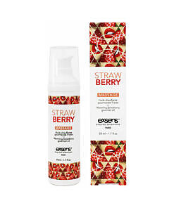 Exsens Warming Massage Oil Strawberry 1.7 oz bottle beside ripe strawberries