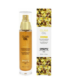 Exsens Glam Oil 1.7 oz. bottle next to a golden shimmer drop on skin