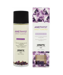 Exsens Amethyst Sweet Almond Massage Oil 3.4 oz. bottle with purple crystal accents on a spa towel
