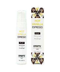 Exsens Vanilla Espresso Arousal Gel 0.5 oz on a nightstand with coffee beans and vanilla pod