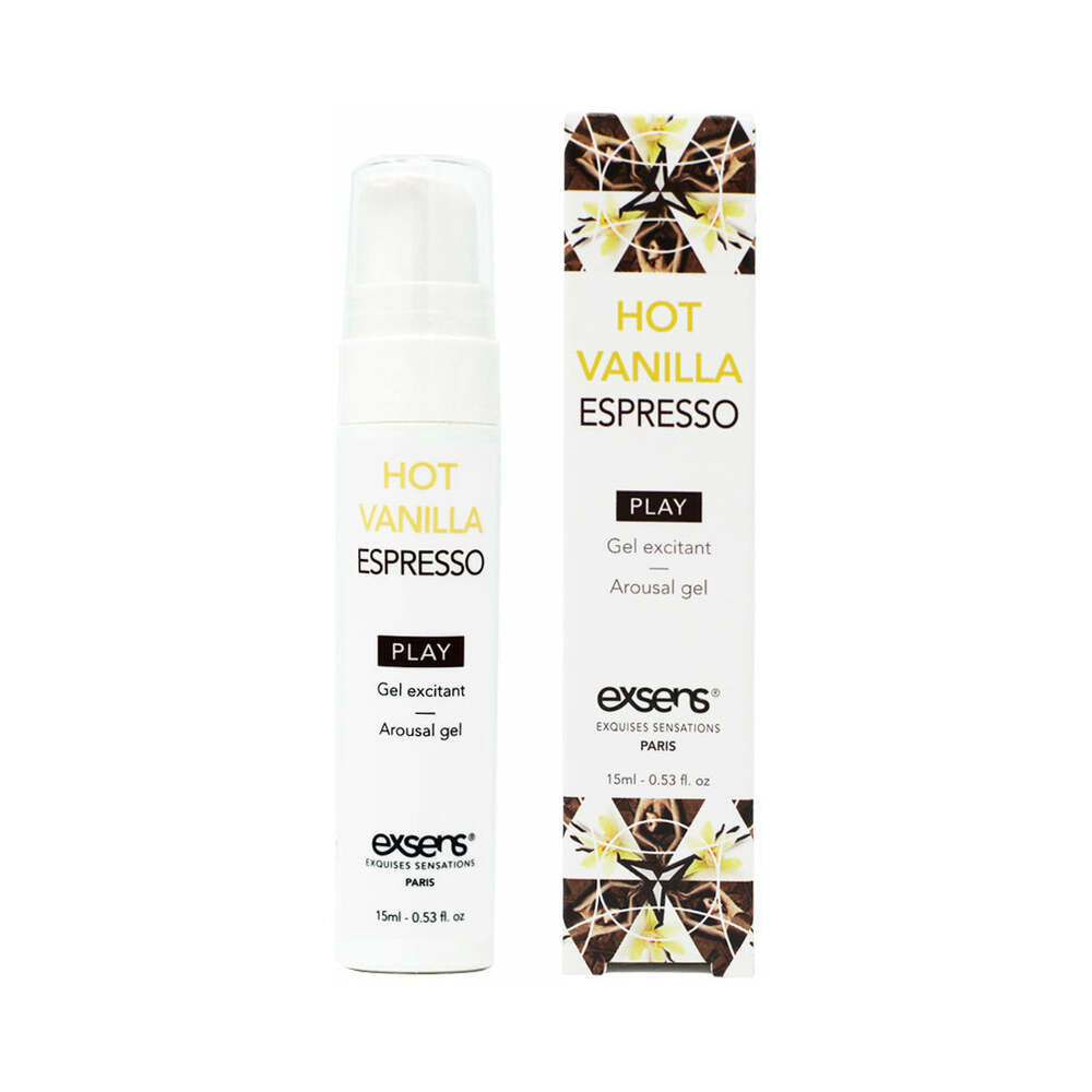 Exsens Vanilla Espresso Arousal Gel 0.5 oz on a nightstand with coffee beans and vanilla pod