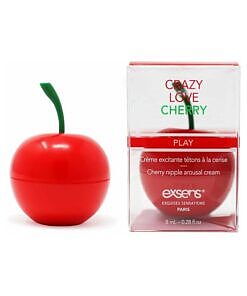 Exsens Nipple Arousal Cream Crazy Love Cherry 0.3 oz tube with glossy cherry artwork and pink cap.