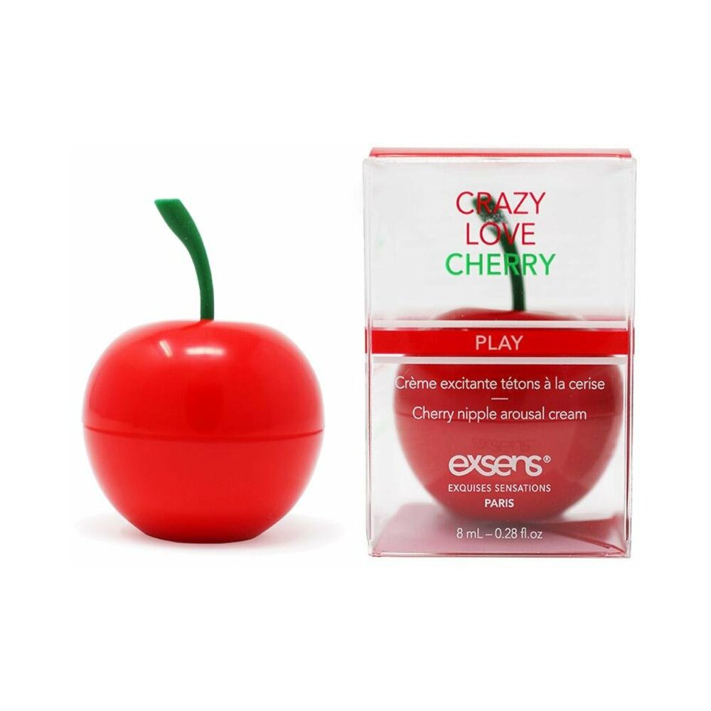Exsens Nipple Arousal Cream Crazy Love Cherry 0.3 oz tube with glossy cherry artwork and pink cap.