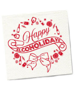Stack of Twisted Wares Happy Alcoholidays Napkins featuring the pun-intended Alcoholidays graphic on a festive table setting.