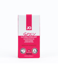 JO Spicy Clitoral Stimulant 0.34 oz gel tube on a nightstand