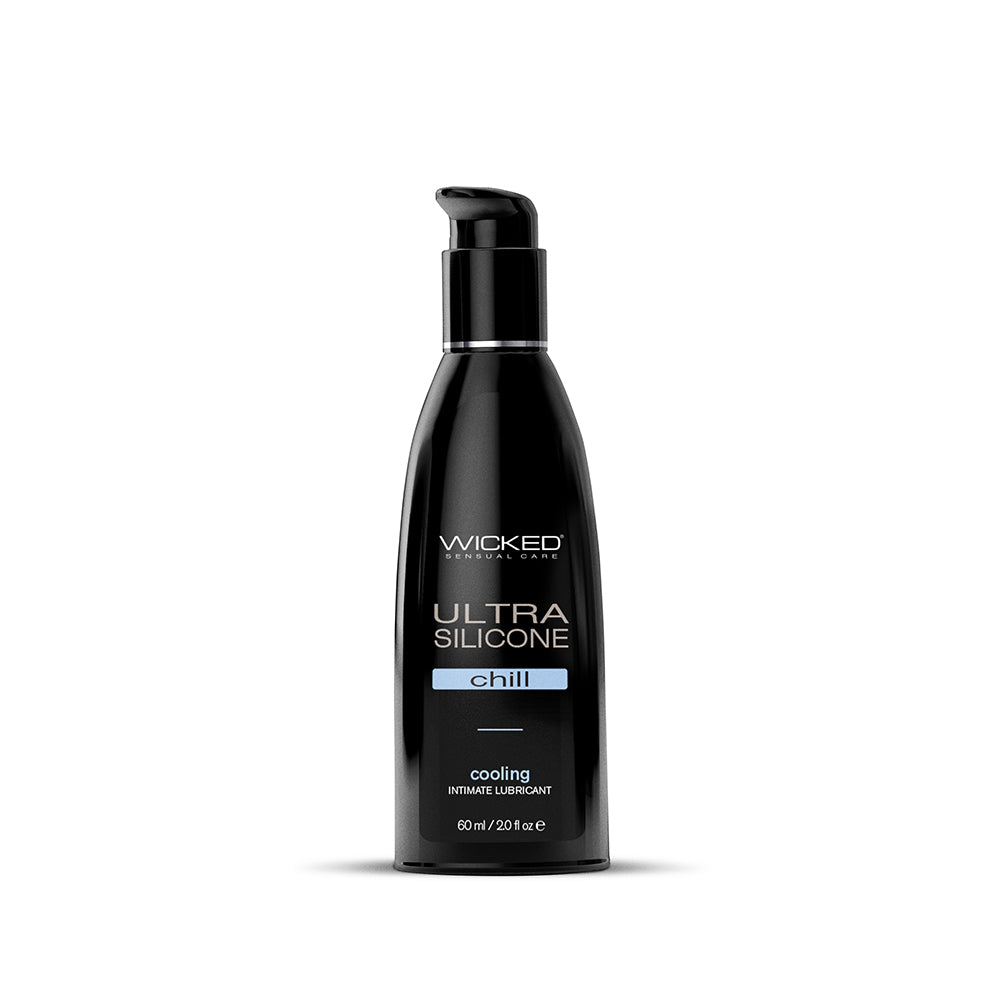 Wicked Ultra Chill cooling silicone lubricant 2 oz bottle on a dark background