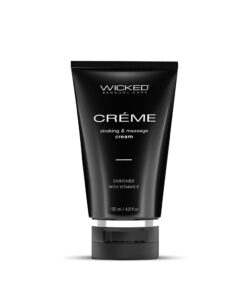 Wicked Creme Stroking and Massage Cream 4 oz jar with rich white cream and coconut almond oil texture on a sensual backdrop.