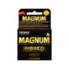 Trojan Magnum Ribbed condoms 3-pack box with ribbed texture shown on a light surface.