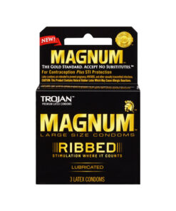 Trojan Magnum Ribbed condoms 3-pack box with ribbed texture shown on a light surface.
