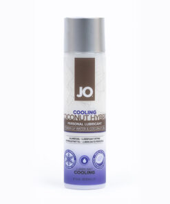 4 oz bottle of JO Coconut Hybrid Cooling Lubricant featuring a coconut and water drop design