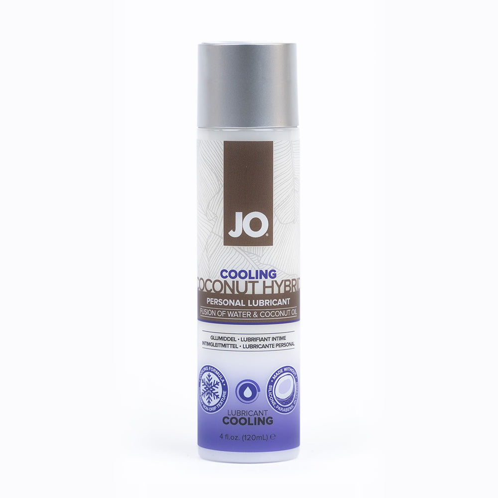 4 oz bottle of JO Coconut Hybrid Cooling Lubricant featuring a coconut and water drop design