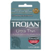 Trojan Ultra Thin Armor Spermicidal 3pk foil wrapper on white background with branding and blue details.