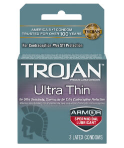 Trojan Ultra Thin Armor Spermicidal 3pk foil wrapper on white background with branding and blue details.