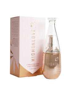 HighOnLove Stimulating O'Gel 1 oz bottle on a nightstand with subtle lighting