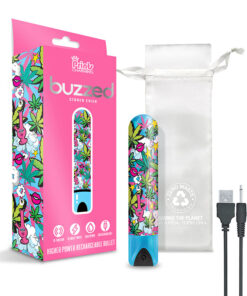 Prints Charming Buzzed rechargeable bullet with Stoner Chick Blue cannabis print and compact 3.5-inch size