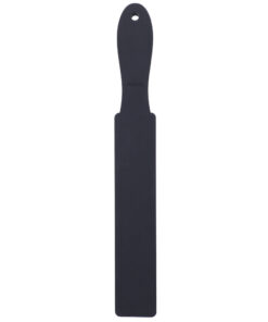 Tantus Wham Bam Paddle Onyx black silicone paddle on white background with storage bag visible