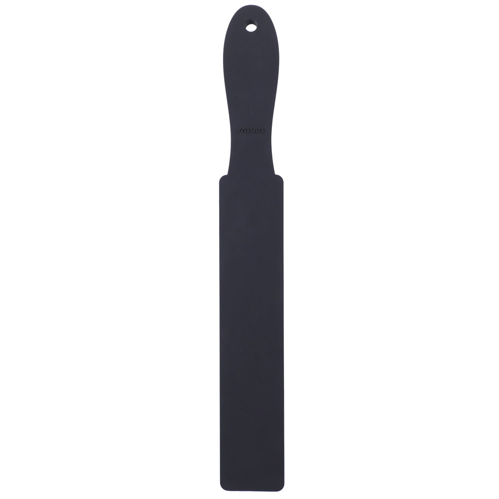 Tantus Wham Bam Paddle Onyx black silicone paddle on white background with storage bag visible