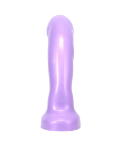 highlighting the curved ridged shaft and flared base next to the lavender storage pouch.