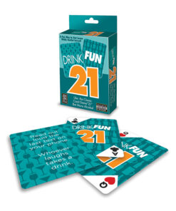 Drink Fun 21 card game spread out on a table with drinks