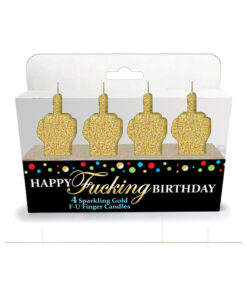 Golden glitter middle finger candles on a colorful birthday cake
