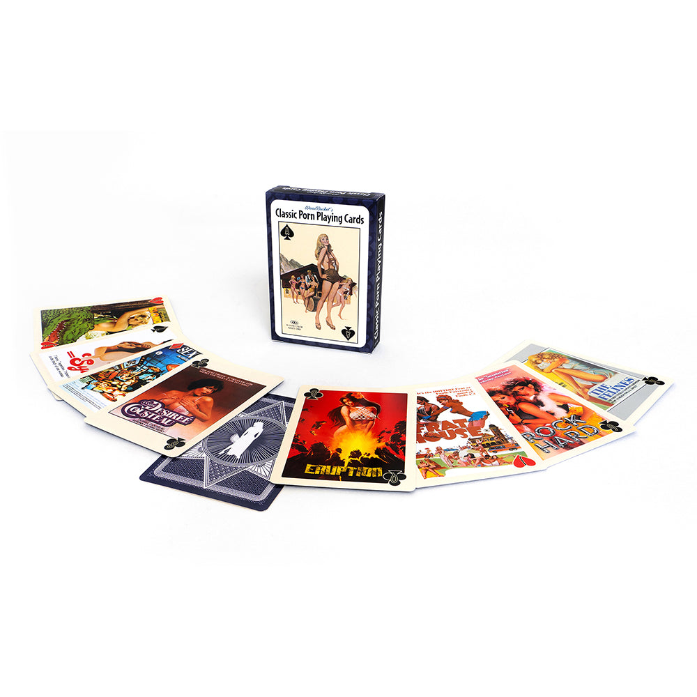 Classic Porn Playing Cards fan of cards showing vintage adult film poster art on a tabletop