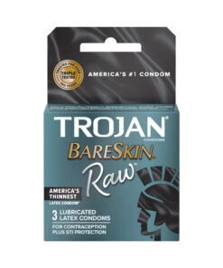 Trojan Bareskin Raw 3-Pack condom box with red and black packaging