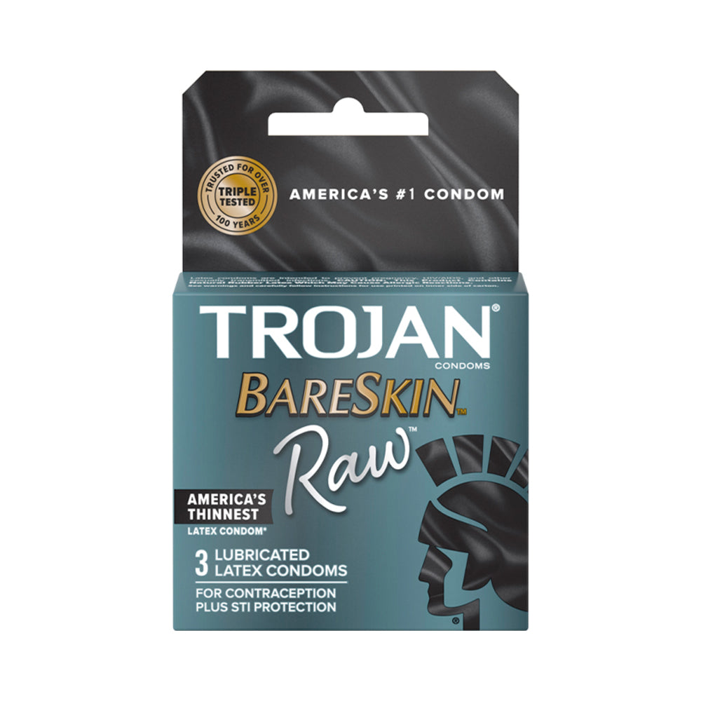 Trojan Bareskin Raw 3-Pack condom box with red and black packaging