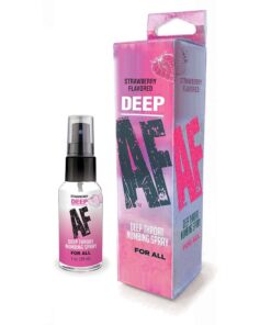 Little Genie Deep AF Strawberry Flavored Deep Throat Numbing Spray 1 oz. bottle on a clean surface with strawberry accents.