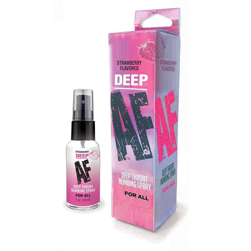 Little Genie Deep AF Strawberry Flavored Deep Throat Numbing Spray 1 oz. bottle on a clean surface with strawberry accents.