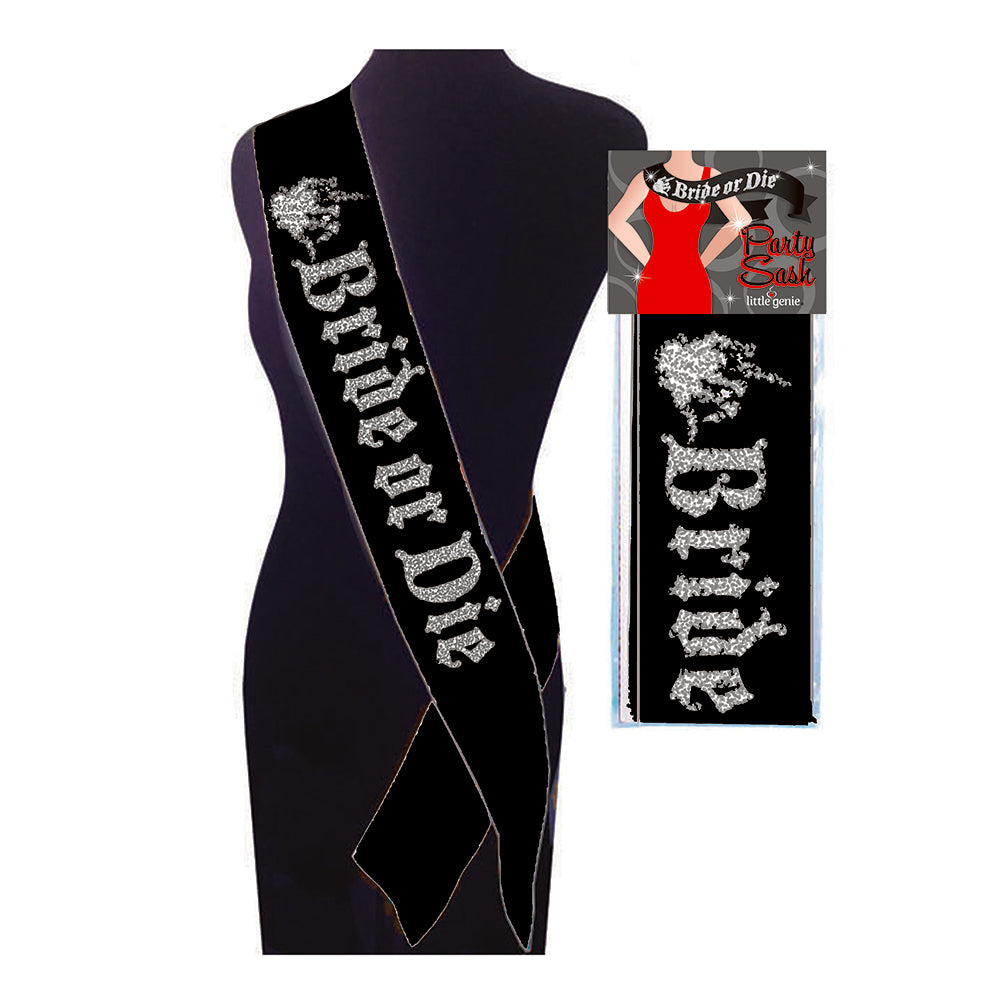Bride Or Die Party Sash draped across a chair