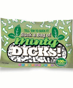 Suck a Bag of Minty Dicks 3 oz bag of penis-shaped peppermint mints with playful packaging on white background.