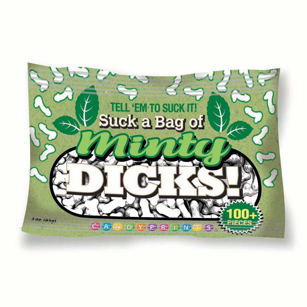 Suck a Bag of Minty Dicks 3 oz bag of penis-shaped peppermint mints with playful packaging on white background.