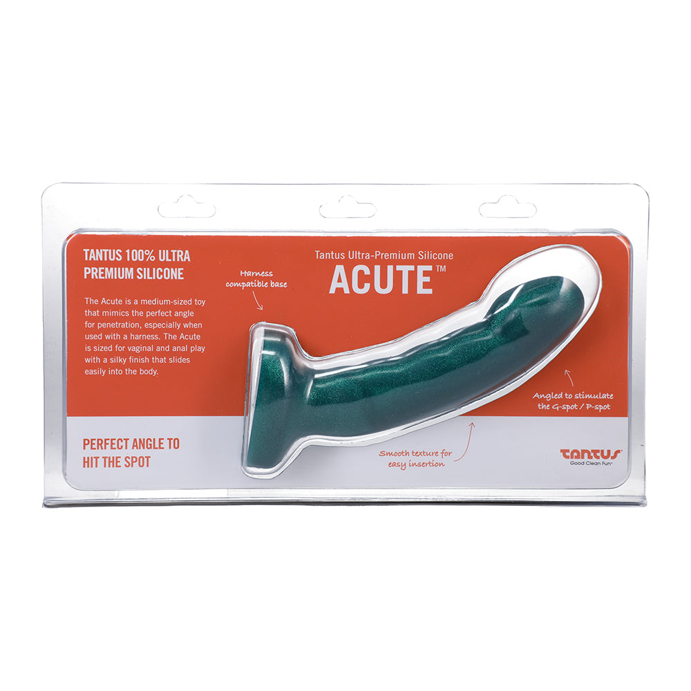 Tantus Acute emerald green curved dildo with pronounced ridges and glossy finish