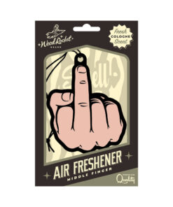 Wood Rocket Air Freshener Middle Finger Peach hanging in a car